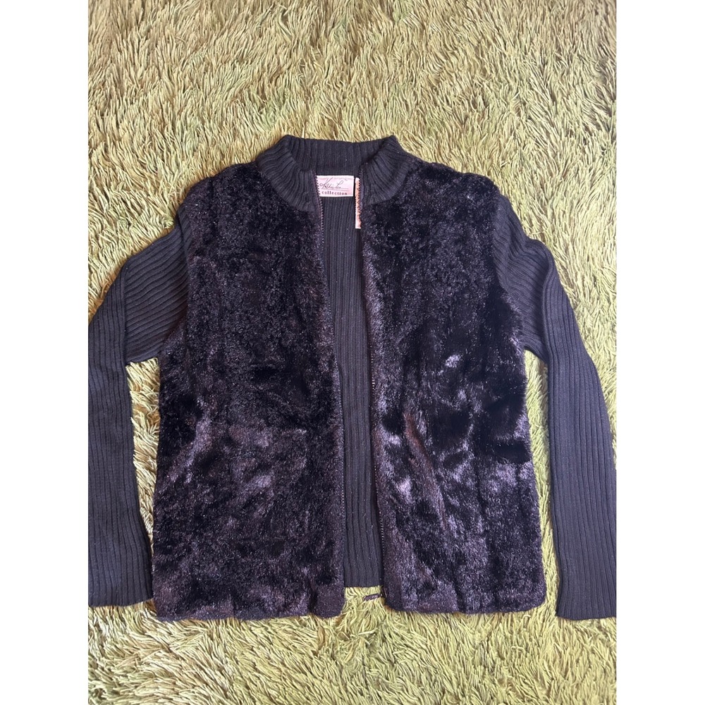 Kathie Lee Cardigan Women Medium Black Faux Fur Front Zip Ribbed Jacket Vintage - Picture 1 of 8
